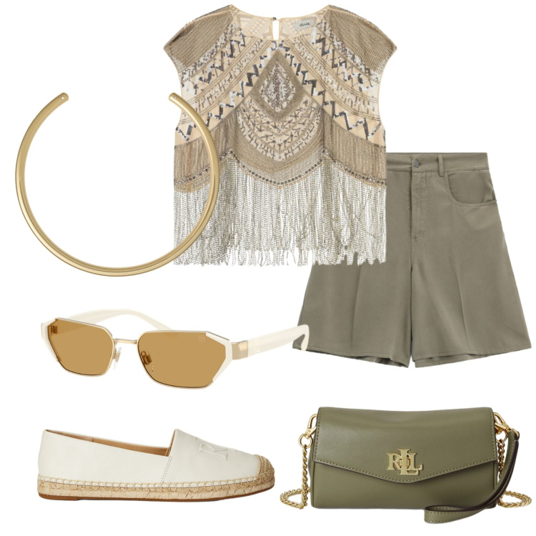 Outfit donna - Sunset. Stile Glamour per Tutti i giorni. Abbinamento con top, bermuda, occhiali da sole, espadrillas, portafogli, collane.