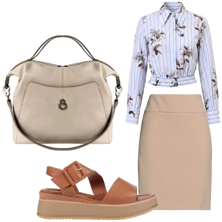 Outfit donna - Pranzo in ufficio. Stile Casual chic per Ufficio. Abbinamento con minigonne, sandali in pelle, borse a mano, camicie.