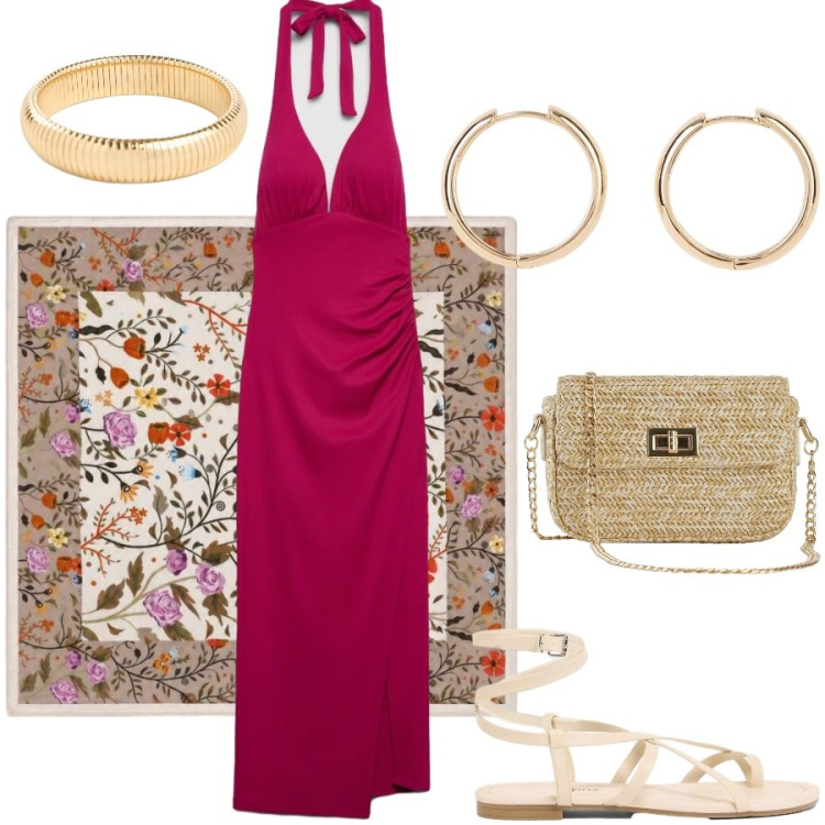 Outfit donna - Party al tramonto. Stile Chic per Serata fuori. Abbinamento con borse a tracolla, orecchini, braccialetti, sandali, foulard, vestiti midi/longuette.