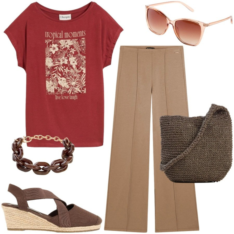 Outfit donna - Casual di giorno. Stile Casual per Tutti i giorni. Abbinamento con t-shirt, shopping bag, zeppe, braccialetti, occhiali da sole, pantaloni.