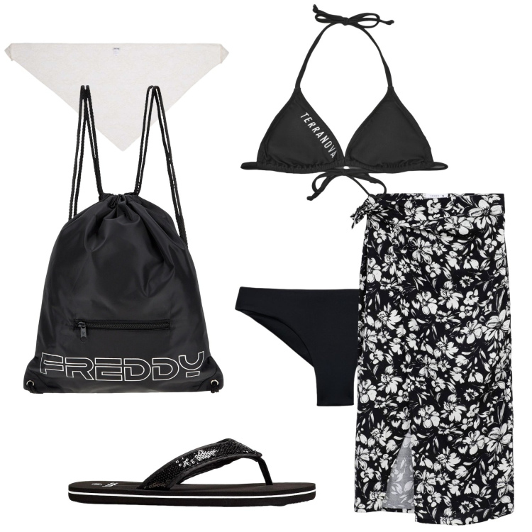 Outfit donna - Total look #2441567. Stile Casual per Mare. Abbinamento con infradito, foulard, vestiti da spiaggia, bikini, bikini, zaini.