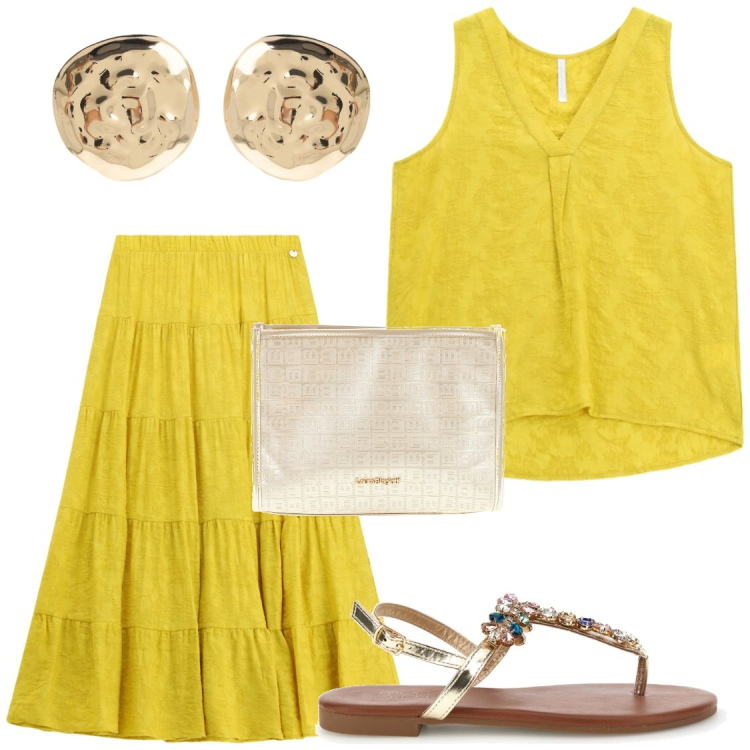 Outfit donna - Usciamo alle 20:00. Stile Chic per Tutti i giorni. Abbinamento con gonne lunghe, top, orecchini, pochette, sandali gioiello.