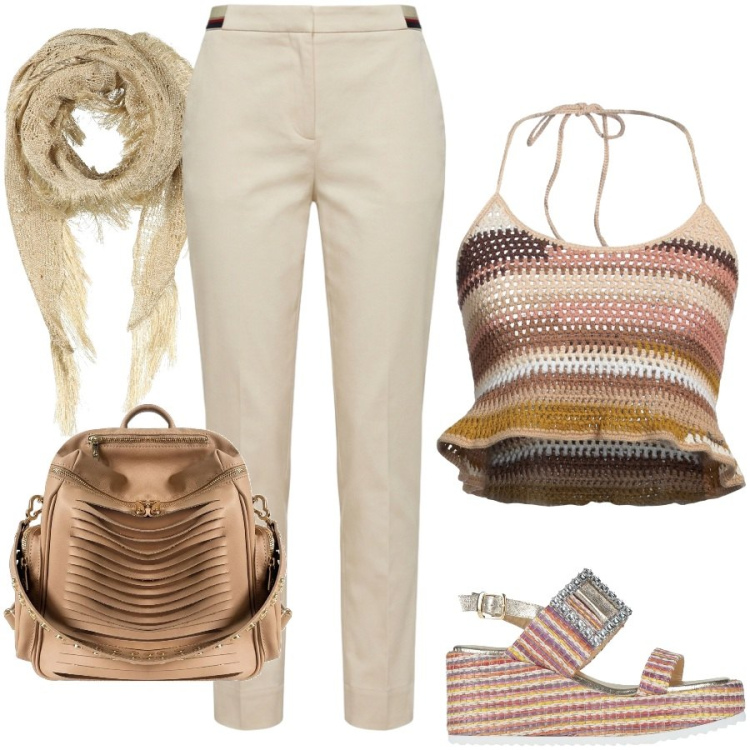 Outfit donna - Multicolore soft. Stile Boho per Tutti i giorni. Abbinamento con top, stole, sandali in pelle, pantaloni chino, zaini.