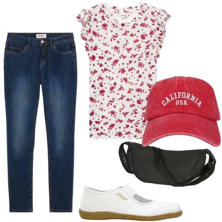 Outfit donna - Total look #2441578. Stile Casual per Tutti i giorni. Abbinamento con jeans skinny, ballerine, t-shirt, cappelli con visiera, marsupi.