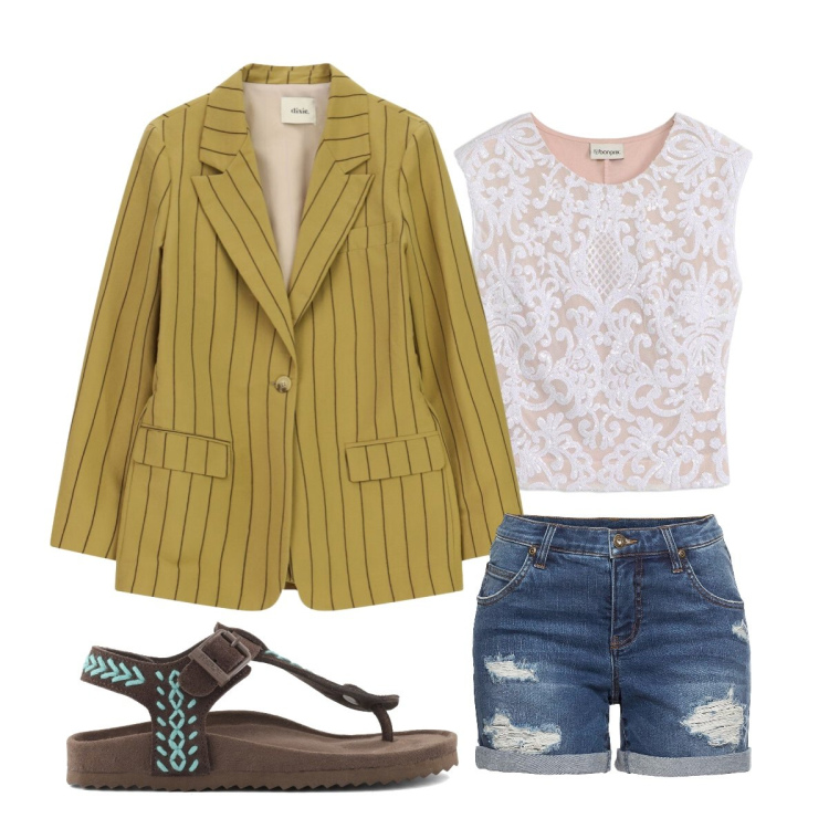 Outfit donna - Blazer ocra. Stile Preppy per Scuola/Università. Abbinamento con shorts, canottiere, blazer, infradito.