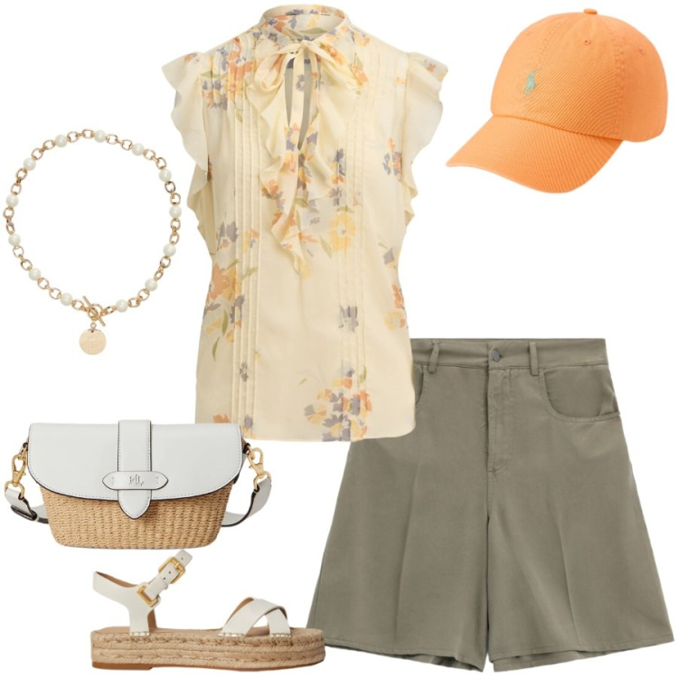 Outfit donna - Total look #2441584. Stile Casual chic per Tutti i giorni. Abbinamento con bermuda, collane, borse a spalla, espadrillas, camicie a manica corta, cappelli con visiera.