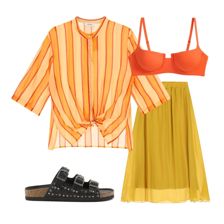 Outfit donna - Camicia e gonna ocra. Stile Casual chic per Mare. Abbinamento con gonne lunghe, camicie, bikini, sandali.