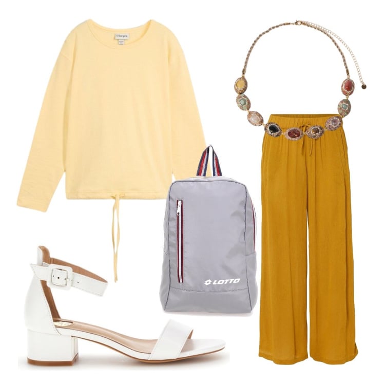 Outfit donna - Felpa e pantaloni ambra. Stile Sporty chic per Scuola/Università. Abbinamento con pantaloni, felpe, collane, sandali col tacco, zaini.