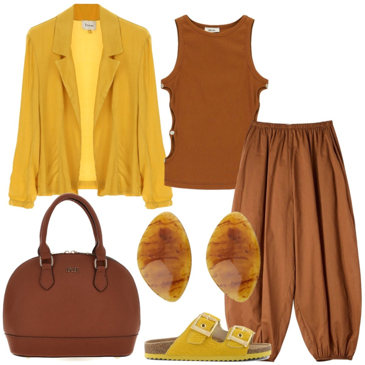 Outfit donna - Total look #2441591. Stile Boho per Tutti i giorni. Abbinamento con pantaloni, blazer, cappotti, top, sandali, borse a mano.