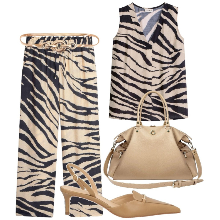 Outfit donna - Total look #2441593. Stile Glamour per Serata fuori. Abbinamento con décolleté, top, pantaloni a palazzo, shopping bag, cinture.
