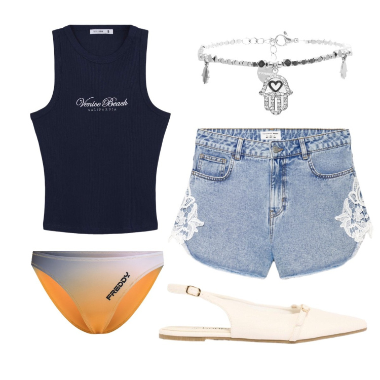Outfit donna - Slip bikini ambra. Stile Sporty chic per Mare. Abbinamento con ballerine, canottiere, shorts, braccialetti, bikini.