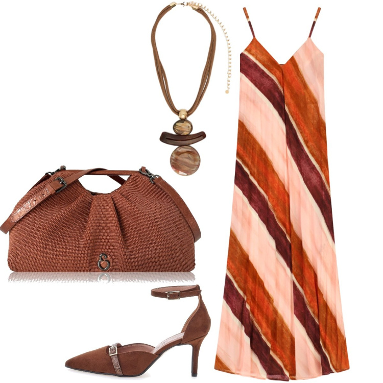 Outfit donna - La collana con il ciondolo ambra. Stile Glamour per Serata fuori. Abbinamento con clutch, ciondoli, vestiti lunghi, décolleté.