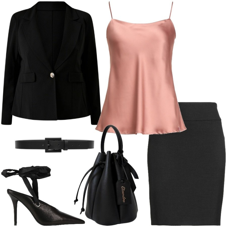 Outfit donna - Total look #2441596. Stile Glamour per Serata fuori. Abbinamento con minigonne, top, décolleté, borse a secchiello, blazer, cinture.