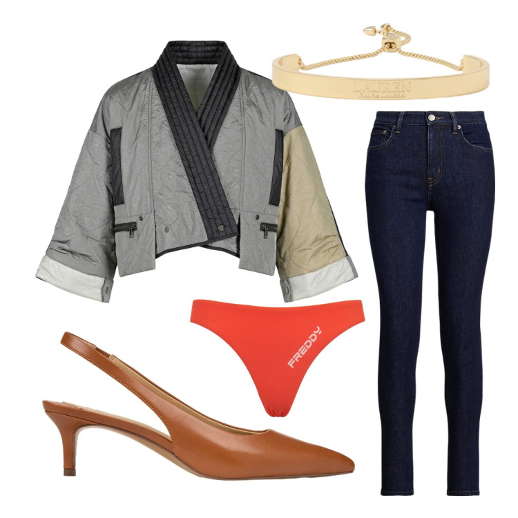 Outfit donna - Intimo e scarpe terracotta. Stile Glamour per Serata fuori. Abbinamento con culotte, jeans skinny, décolleté, braccialetti, kimono.