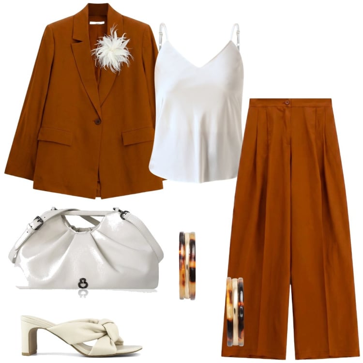 Outfit donna - Total look #2441600. Stile Chic per Serata fuori. Abbinamento con clutch, orecchini, top, pantaloni a palazzo, blazer, sandali col tacco.