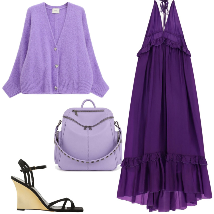 Outfit donna - Boho chic serata evento estivo. Stile Boho per Serata fuori. Abbinamento con zaini, cardigans, sandali col tacco, vestiti lunghi.