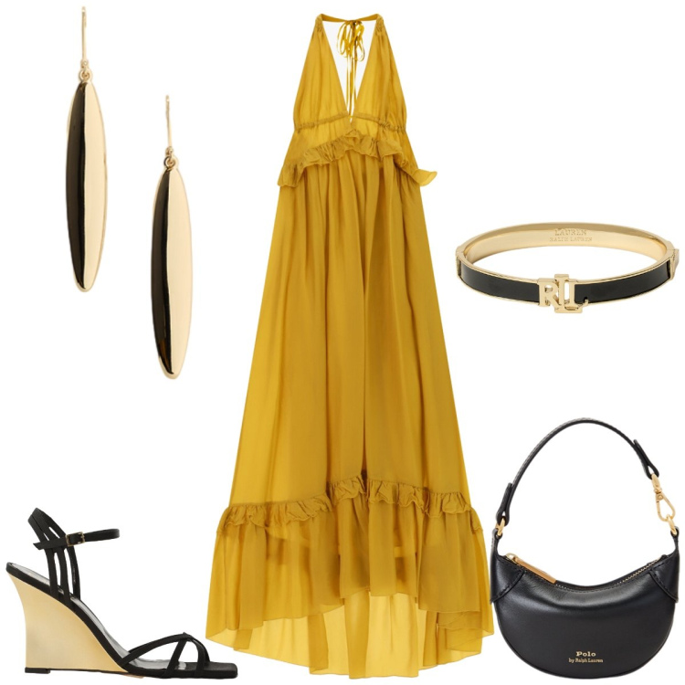 Outfit donna - Total look #2441603. Stile Chic per Serata fuori. Abbinamento con sandali col tacco, vestiti lunghi, portafogli, braccialetti, orecchini.