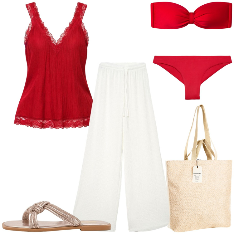 Outfit donna - Total look #2441604. Stile Casual chic per Mare. Abbinamento con canottiere, pantaloni, bikini, bikini, borse tote, sandali.