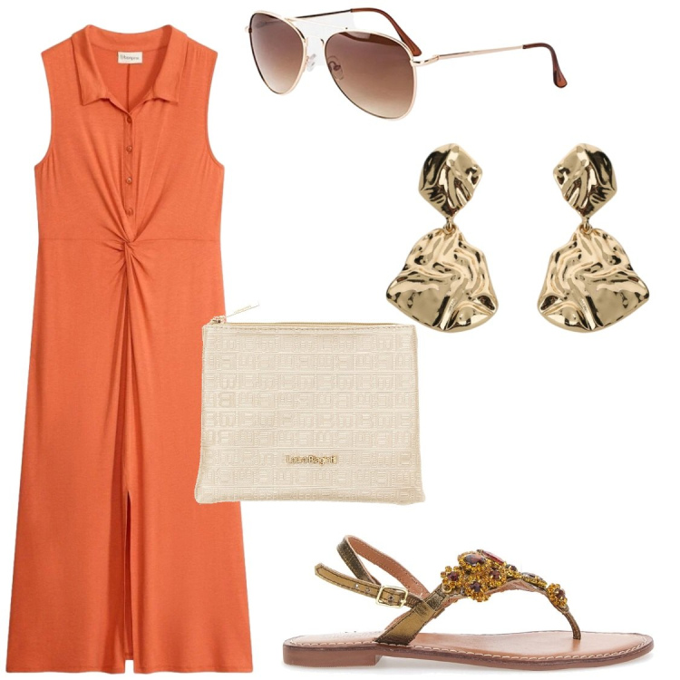 Outfit donna - Evviva I colori. Stile Chic per Serata fuori. Abbinamento con vestiti chemisier, occhiali da sole, orecchini, sandali gioiello, pochette.