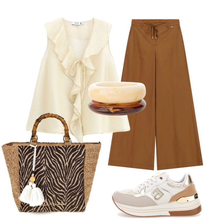 Outfit donna - Pantapalazzo color terracotta. Stile Casual chic per Tutti i giorni. Abbinamento con top, braccialetti, pantaloni a palazzo, sneakers, borse a mano.