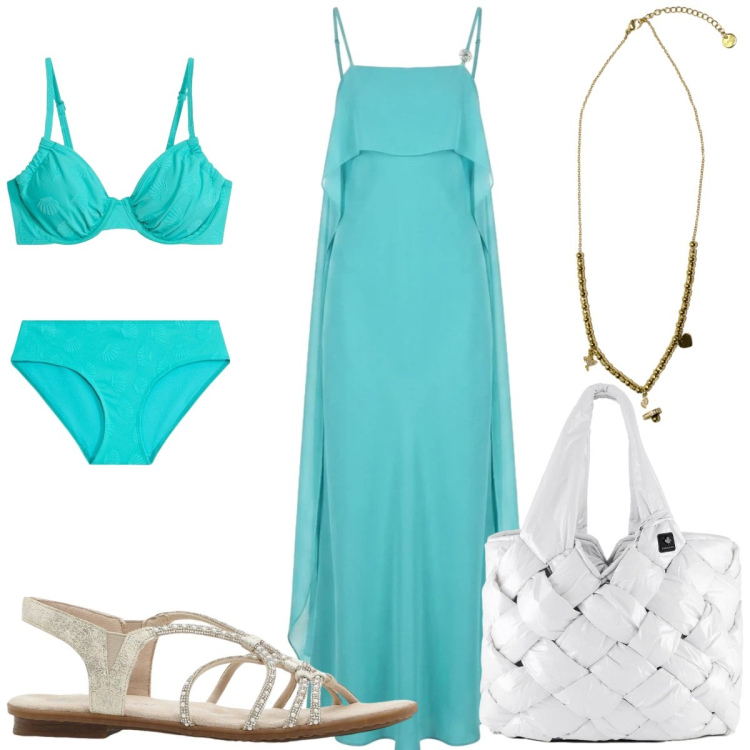 Outfit donna - Total look #2441613. Stile Trendy per Mare. Abbinamento con sandali, bikini, vestiti lunghi, ciondoli, borse tote.