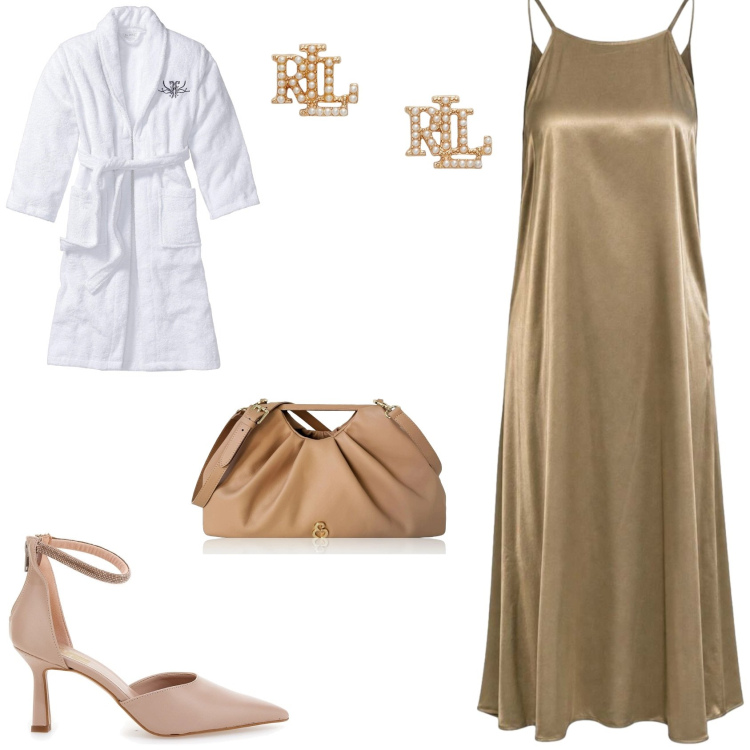 Outfit donna - Colori Oro. Stile Glamour per Cerimonia. Abbinamento con accappatoi, vestiti lunghi, clutch, orecchini, décolleté.