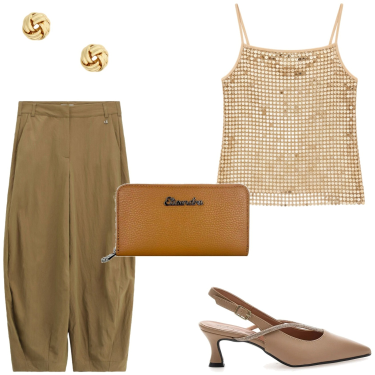Outfit donna - Sfumature dirate. Stile Trendy per Serata fuori. Abbinamento con portafogli, orecchini, pantaloni a palazzo, top, décolleté.