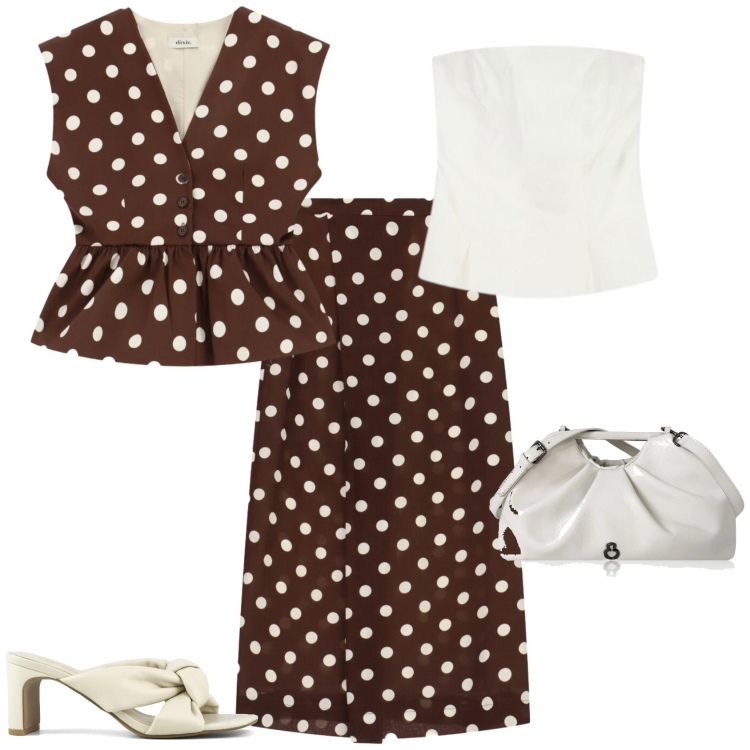 Outfit donna - Chic ufficio evento. Stile Chic per Tutti i giorni. Abbinamento con clutch, gonne lunghe, gilet, top, sandali col tacco.