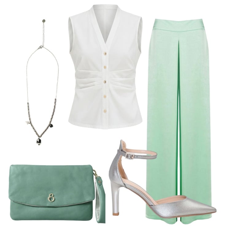 Outfit donna - Total look #2441619. Stile Bon Ton per Ufficio. Abbinamento con pochette, ciondoli, camicie a manica corta, pantaloni a palazzo, décolleté.