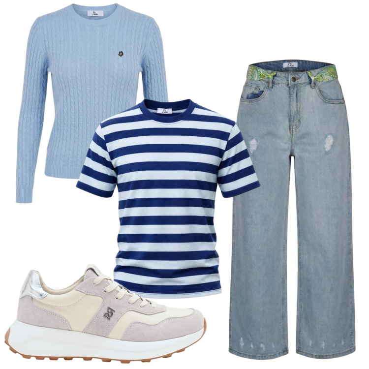 Outfit donna - Total look #2441620. Stile Casual per Scuola/Università. Abbinamento con t-shirt, jeans strappati, maglieria, sneakers.