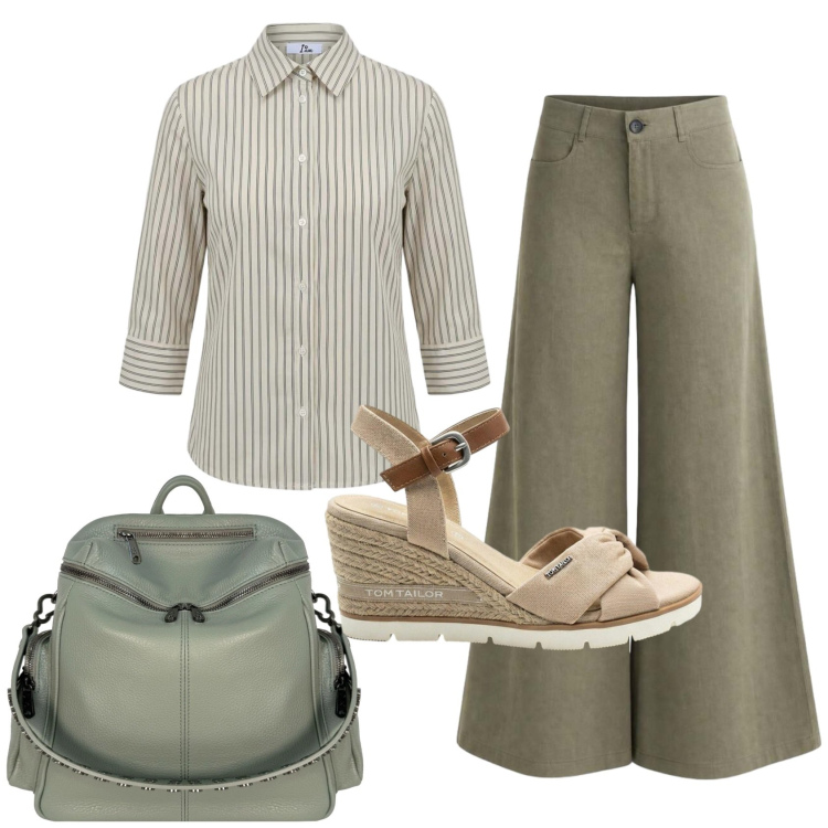Outfit donna - Total look #2441622. Stile Casual per Ufficio. Abbinamento con sandali col tacco, pantaloni a palazzo, camicie, zaini.