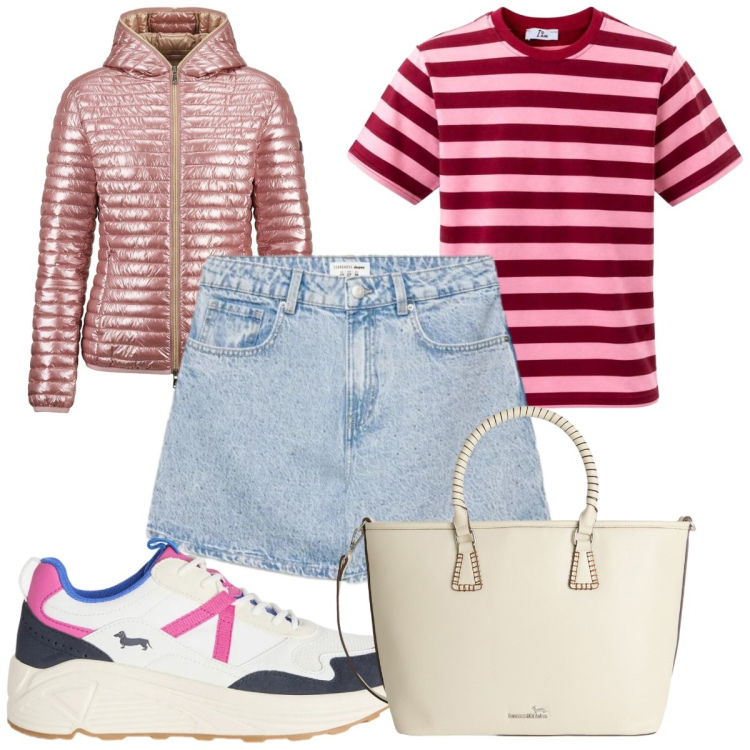 Outfit donna - Total look #2441624. Stile Basic per Tutti i giorni. Abbinamento con t-shirt, shopping bag, sneakers, shorts, piumini.