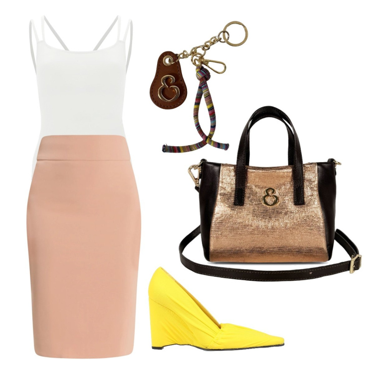 Outfit donna - Luglio. Stile Casual chic per Tutti i giorni. Abbinamento con décolleté, borse a mano, portachiavi, body, gonne longuette.