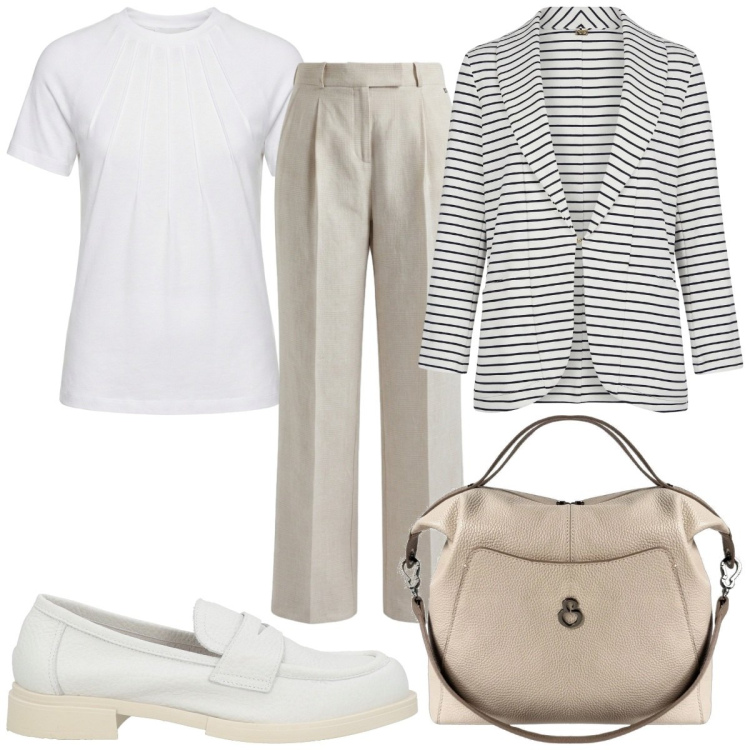 Outfit donna - Total look #2441626. Stile Trendy per Ufficio. Abbinamento con mocassini, blazer, pantaloni, t-shirt, borse a mano.