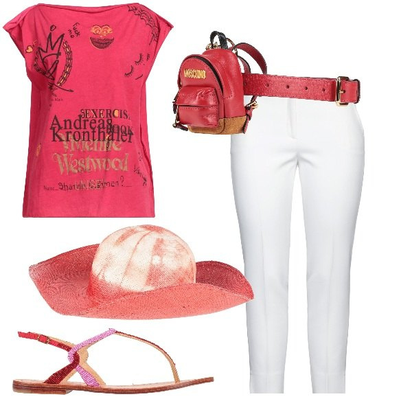 Outfit donna - Total look #2441628. Stile Glamour per Tutti i giorni. Abbinamento con pantaloni, t-shirt, marsupi, cappelli, infradito.