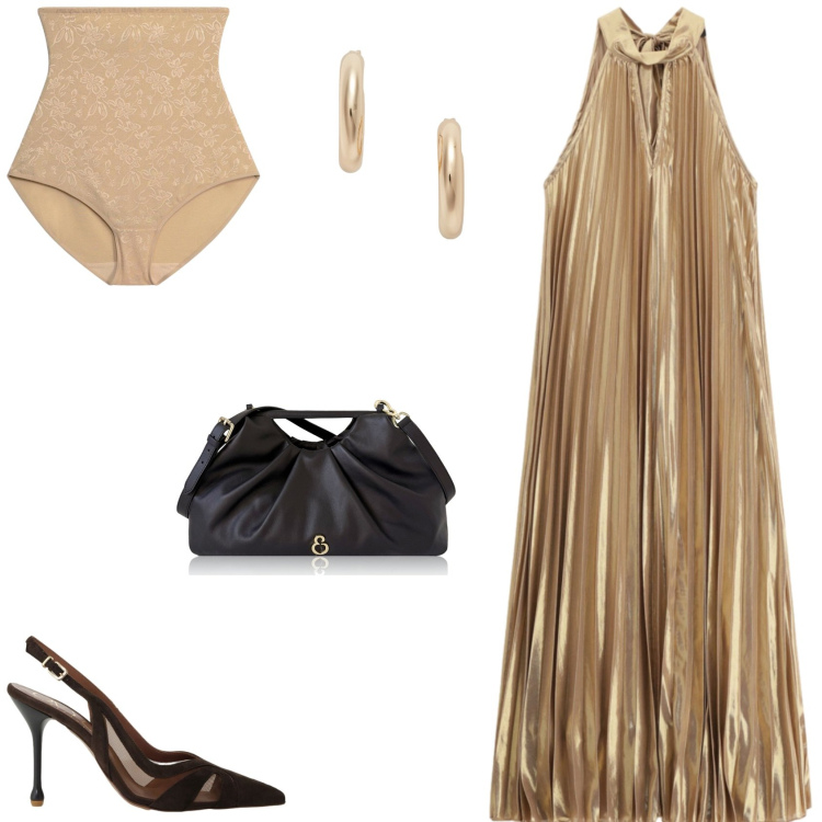 Outfit donna - Luminoso e sofisticato. Stile Glamour per Cerimonia. Abbinamento con culotte, clutch, orecchini, vestiti lunghi, décolleté.