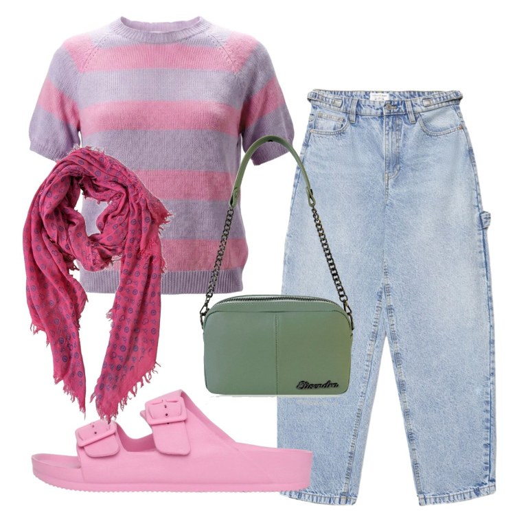 Outfit donna - Total look #2441632. Stile Casual per Tutti i giorni. Abbinamento con maglieria, borse a tracolla, sciarpe, jeans, ciabatte.