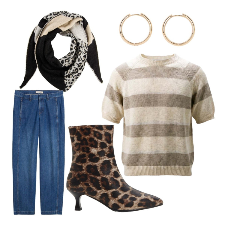 Outfit donna - Di giorno. Stile Urban per Tutti i giorni. Abbinamento con foulard, stivaletti, orecchini, jeans, maglieria.
