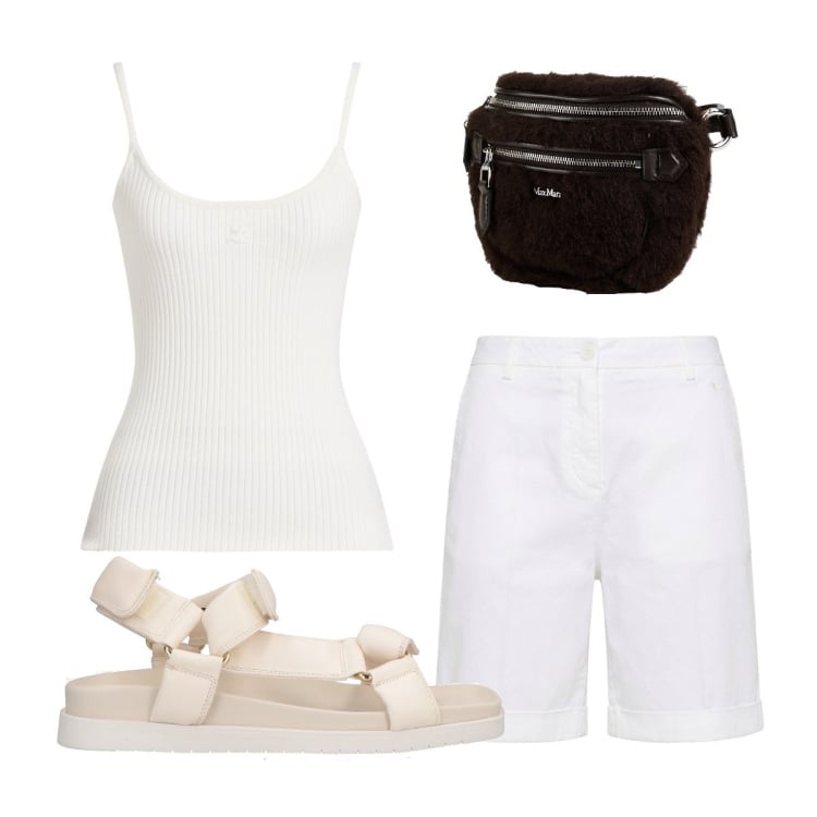 Outfit donna - Total white. Stile Minimal per Scuola/Università. Abbinamento con marsupi, sandali, top, bermuda.