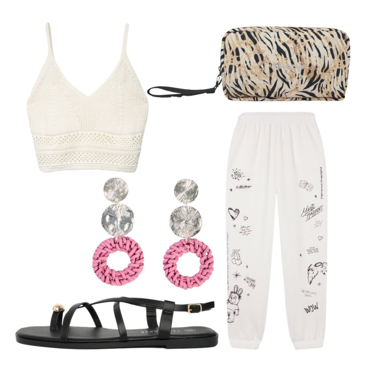 Outfit donna - Urban style. Stile Urban per Serata fuori. Abbinamento con orecchini, pantaloni, sandali, top, valigie.