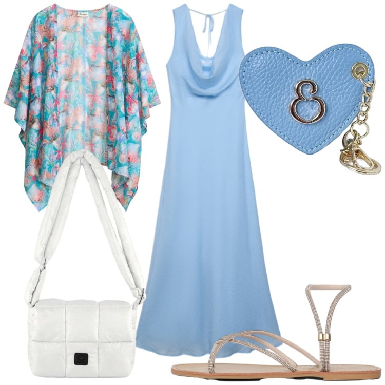 Outfit donna - Total look #2441696. Stile Trendy per Tutti i giorni. Abbinamento con kimono, sandali, vestiti lunghi, portachiavi, borse a spalla.