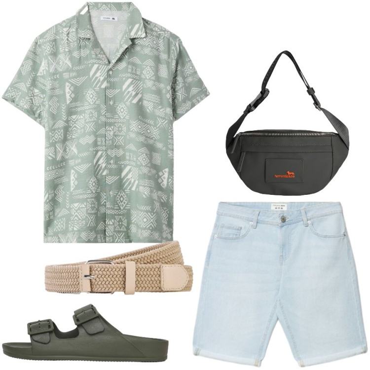 Outfit uomo - Total look #2441700. Stile Casual per Tutti i giorni. Abbinamento con cinture, borse sportive, camicie a manica corta, sandali, shorts.