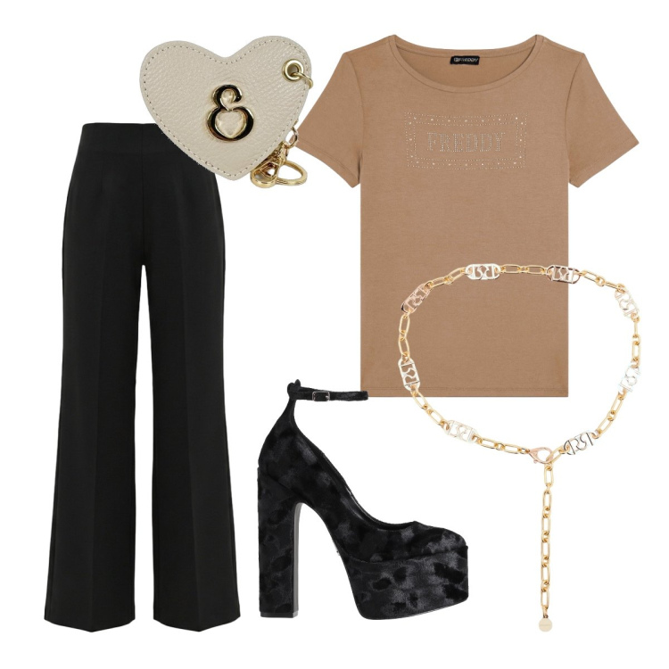 Outfit donna - Luglio. Stile Basic per Serata fuori. Abbinamento con décolleté, portachiavi, t-shirt, cinture, pantaloni.