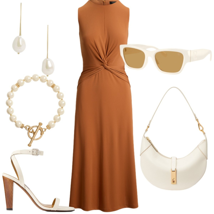 Outfit donna - Total look #2441705. Stile Chic per Tutti i giorni. Abbinamento con vestiti senza maniche, borse a spalla, collane, occhiali da sole, sandali in pelle, orecchini.