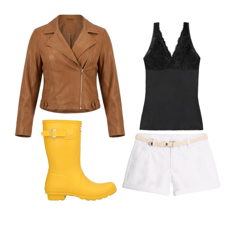 Outfit donna - Pronta per la pioggia. Stile Casual per Tutti i giorni. Abbinamento con stivali, shorts, top, giacche.