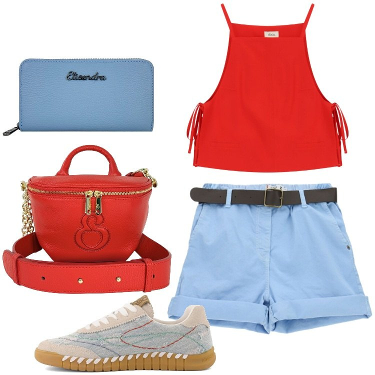Outfit donna - Elisendra: l\'arte dell\'accessorio. Stile Trendy per Tutti i giorni. Abbinamento con borse a tracolla, portafogli, shorts, top, sneakers.