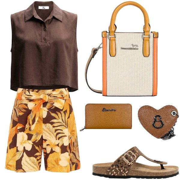 Outfit donna - Total look #2441714. Stile Glamour per Tutti i giorni. Abbinamento con infradito, top, borse tote, portafogli, portachiavi, pantaloni corti.