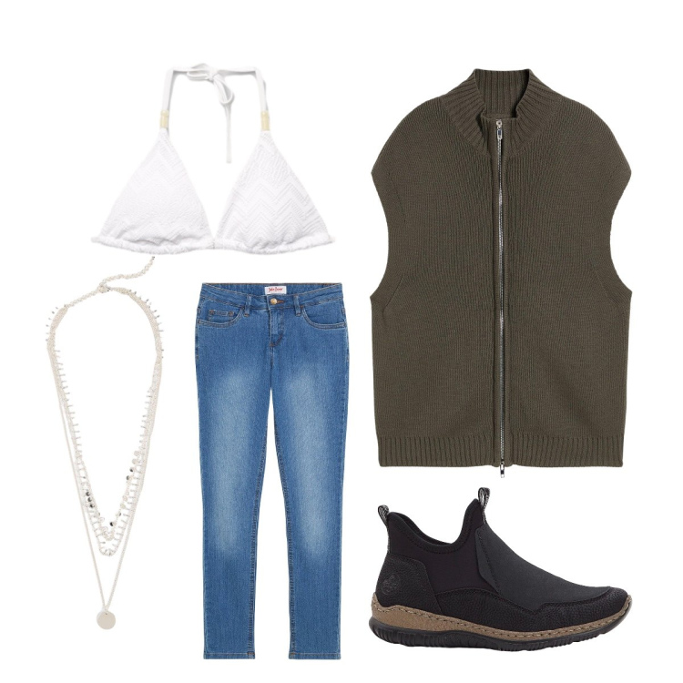 Outfit donna - Glam bonprix. Stile Glamour per Serata fuori. Abbinamento con sneakers, jeans skinny, maglieria, collane, bikini.