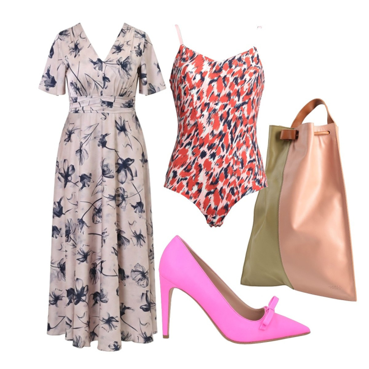 Outfit donna - Estate in fiore curvy. Stile Romantica per Cerimonia. Abbinamento con zaini, décolleté, body, vestiti lunghi.