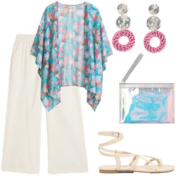 Outfit donna - Total look #2441724. Stile Glamour per Serata fuori. Abbinamento con kimono, sandali, orecchini, pantaloni a palazzo, pochette.